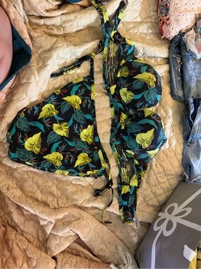Victoria's Secret Black Bikini with Yellow and Teal Tropical Leaf Print